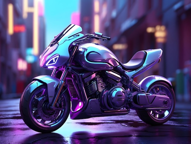 30 Futuristic Generic 3D motorcycle concept design with purple neon ambiance and blue city