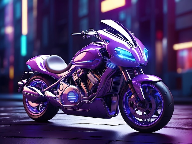 30 Futuristic Generic 3D motorcycle concept design with purple neon ambiance and blue city