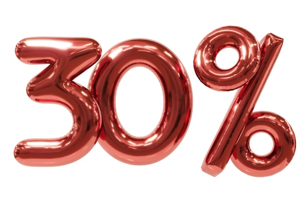 30 percent Off discount 3d sale symbol made of realistic helium red balloon 3d rendering