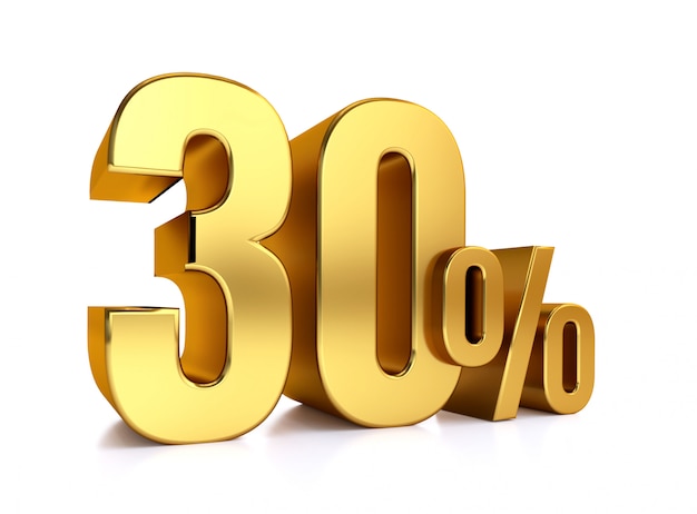 30 percent on white background. 3d rendering gold metal discount. 30%