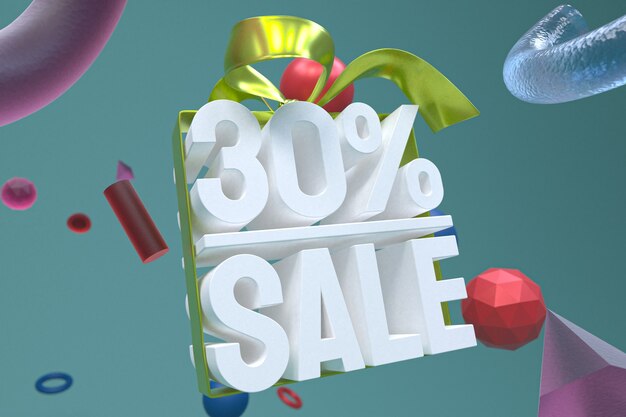 30% sale with bow and ribbon 3d design on abstract geometry background