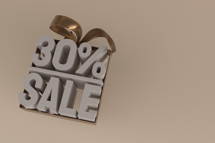 Photo 30% 折扣,在空白的背景上有弓和带 3d 设计