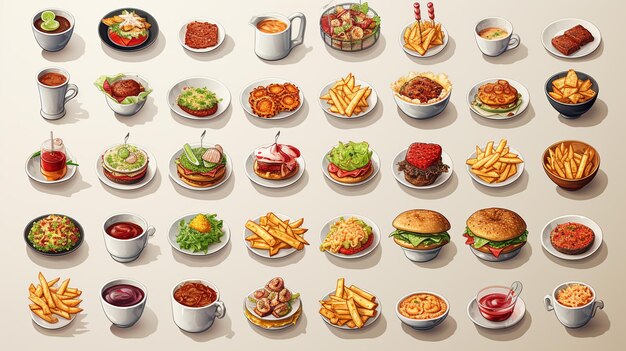 Photo 30 spot illustrations of popular takeout carryout takeaway or delivery meals generate ai