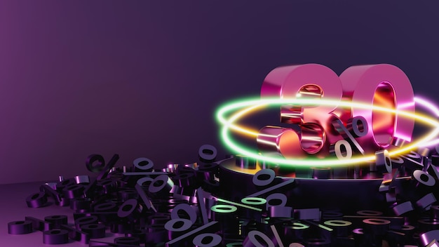 30 or thirty number 3d Metallic pink with circle neon light on percents background and copy space