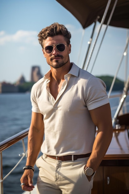 30-летний белый мужчина в бежевой рубашке и шортах на яхте.