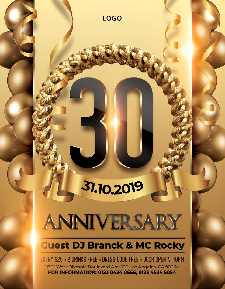 Photo 30 years anniversary greeting card gold vector design poster