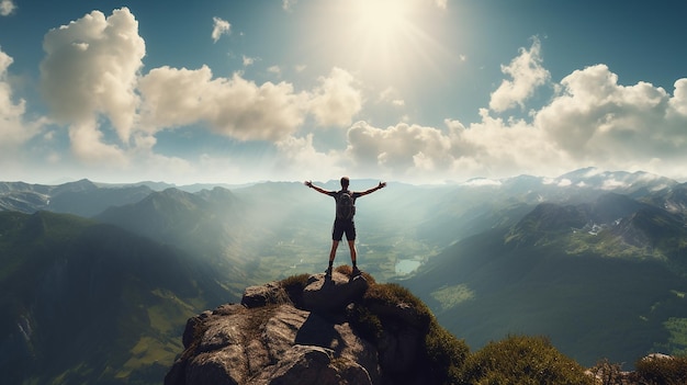 30 years old men dressed like hipster walks on top of Mountains happy smiling strong energy