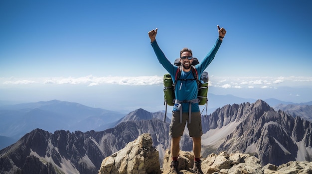 30 years old men dressed like hipster walks on top of Mountains happy smiling strong energy