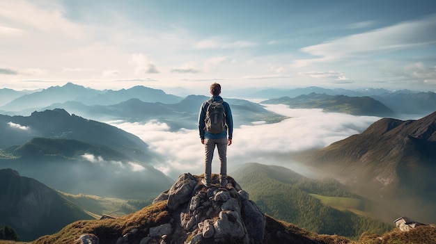 30 years old men dressed like hipster walks on top of Mountains happy smiling strong energy