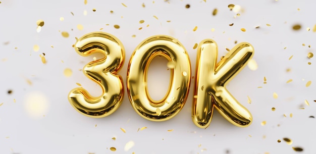 30k volgers viering. sociale media prestatie poster. 30k volgers bedankt belettering. gouden sprankelende confetti linten. dankbaarheid tekst op witte achtergrond.