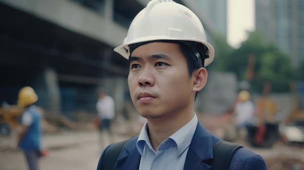 30s male asian Civil Engineer with determined face at construction site Generative AI AIG21