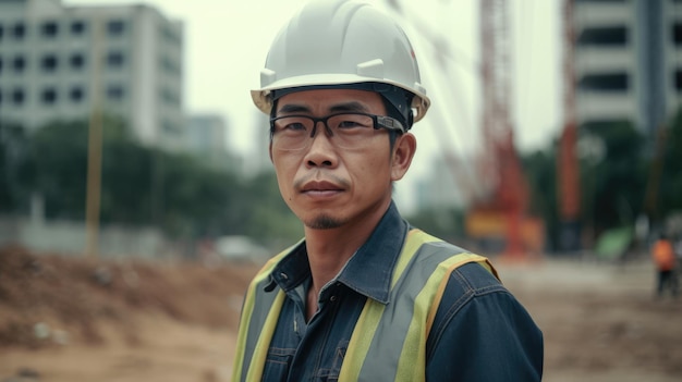 건설 현장에서 단호한 얼굴을 하고 있는 30대 아시아 남성 토목 기사 Generative AI AIG21