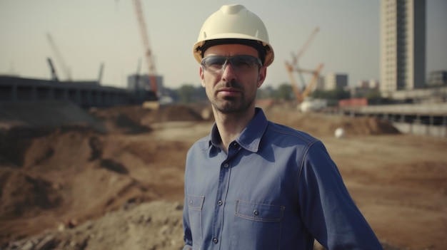 30-летний кавказский инженер-строитель с решительным лицом на строительной площадке Генеративный AI AIG21