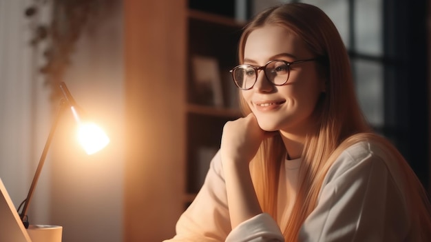 A 30s woman working joyfully on her laptop at a warmtoned home office table generative AI AIG21