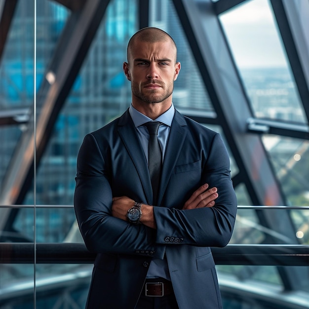 Photo 30yearold rich businessman standing by the stairs window behind