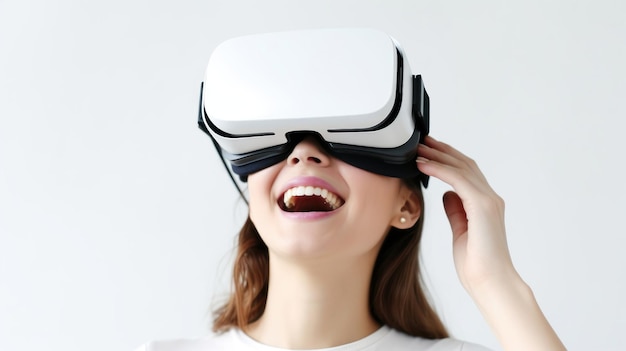 A 30yearold smiling woman using virtual reality glasses