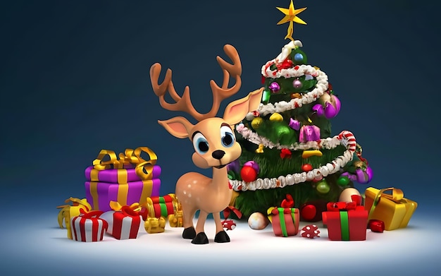33 Cartoon Baby Reindeer in a Vibrant Christmas Scene