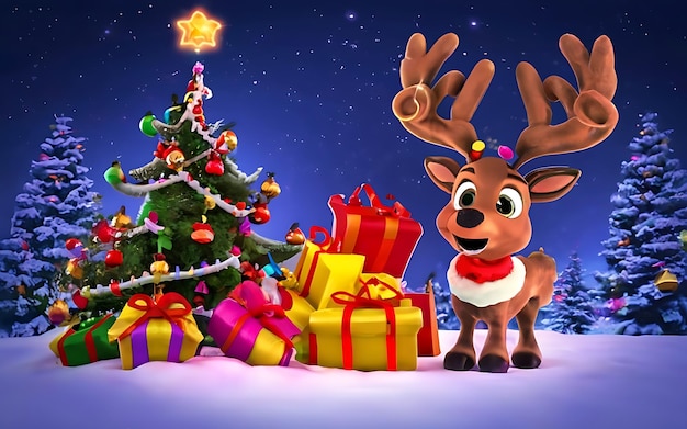 33 Cartoon Baby Reindeer in a Vibrant Christmas Scene