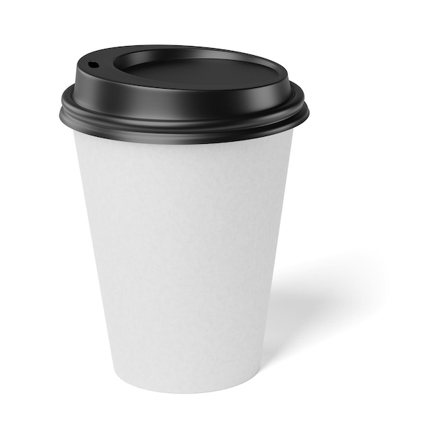 330 ml blank white disposable coffee paper cup with black plastic lid isolated on white background 3d rendering mock up