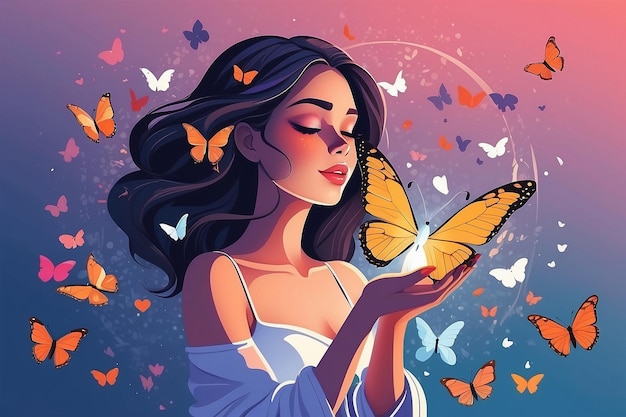 34 Design a vector of a person releasing selflove butterflies into the world