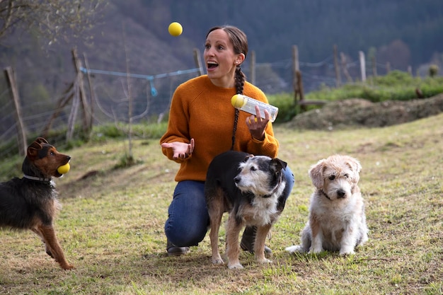 庭で彼女の 3 匹の犬とテニス ボールで遊んで長い茶色の髪を持つ 35 歳の白人女性