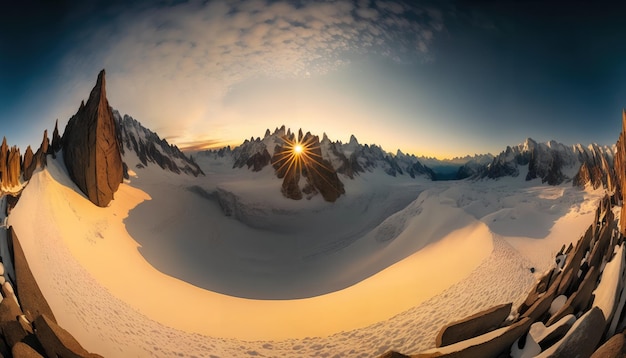 A 360 degree panoramic view of a snowy mountain with the sun setting on the top.