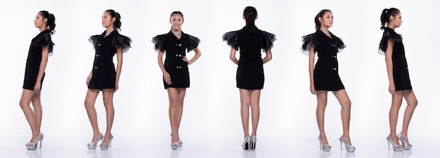 360 Полная длина Snap Figure, азиатская бизнес-леди-трансгендер носит черную юбку с длинными ногами и действует много позирует на высоких каблуках, студийное освещение на белом фоне, изолированная группа коллажей