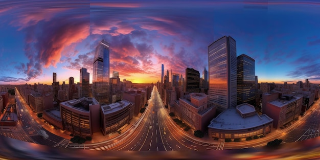 A 360 panoramic vr photo of a cityscape with a sunset and a cityscape in the background