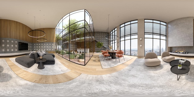 360 panorana of modern interior room 3D rendering