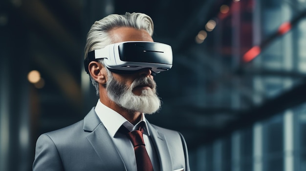 360 Virtual game Man in black suit uses a virtual reality glasses VR High quality photo