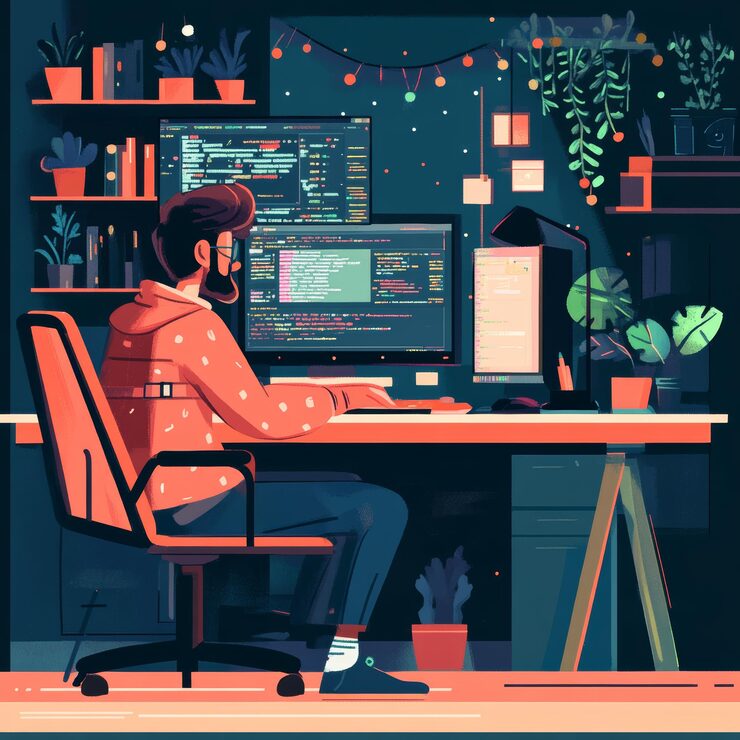 Photo 애니메이션 요소를 가진 html5 캔버스에서 일하는 코더: 동적 웹 콘텐츠 제작, 매력적인 디지털 디자인