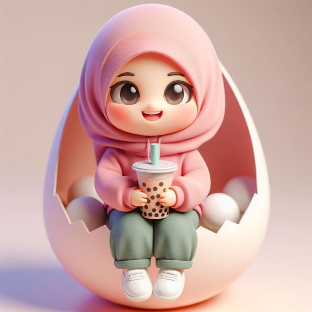 3D 2 year old hijab girl wearing a pink hoodie smiling face holding a very large boba cup