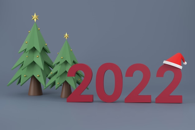 3d. carattere 2022, cappello di babbo natale, albero di natale a natale e capodanno su sfondo bianco