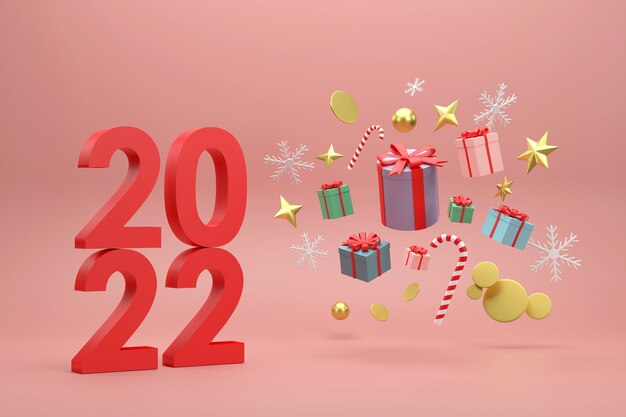 3D. 2022 Gift boxes and golden balls Christmas festive celebrations on a red background.