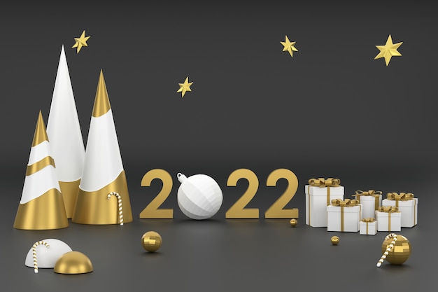 3D 2022 크리스마스 축제에서 제품을 전시하기 위한 황금 크리스마스 트리 및 연단