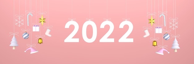 3D. 2022 kerstversiering opknoping partij op roze achtergrond.