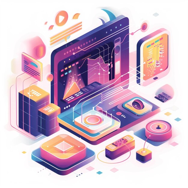 Photo 3d and 2d style isometric illustration concept for hero image in vector style