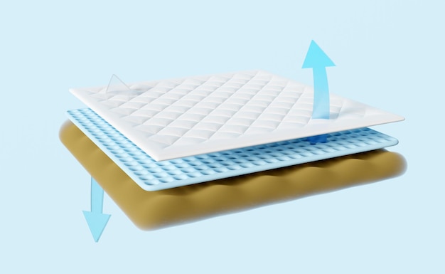 3d 3 layered sheet material mattress with soft sponge fabric rubber arrow isolated on blue background minimal abstract 3d render illustration clipping path