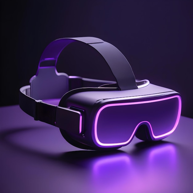 3d 360 vr headset glasses goggles lenses in futuristic purple neon light on table virtual augmented
