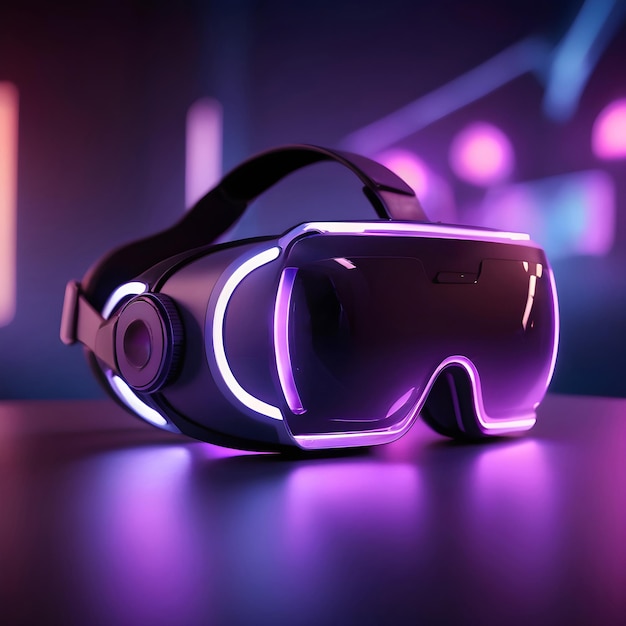 3d 360 vr headset glasses goggles lenses in futuristic purple neon light on table virtual augmented