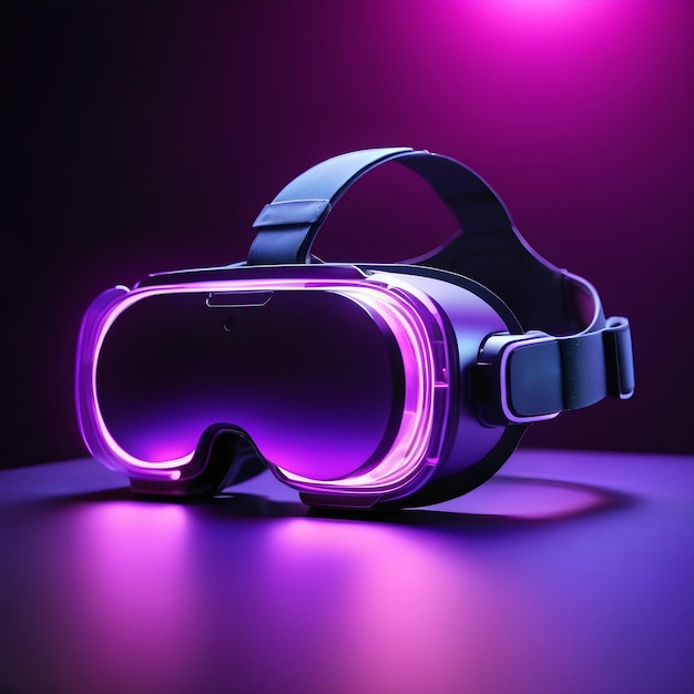 3d 360 vr headset glasses goggles lenses in futuristic purple neon light on table virtual augmented