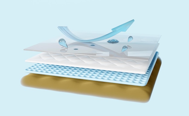 3d 4 layered sheet waterproof mattress with materials fabric rubber film transparent with arrow water droplets minimal abstract 3d render illustration isolated on blue background clipping path