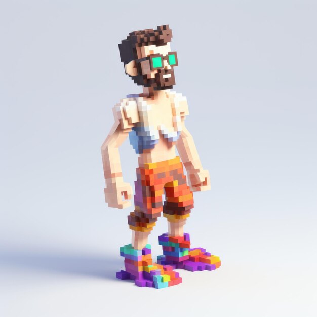 3d 8 Bit Pixel Cartoon Shorts With Full Body On White Background