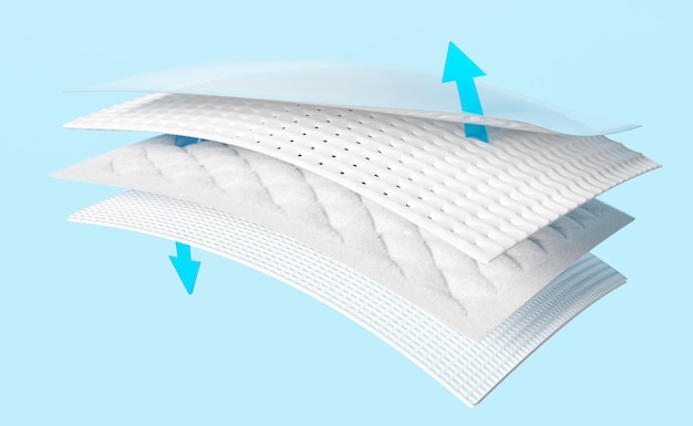 3d absorbent pad synthetic fiber hair with arrow ventilate shows isolated on blue background support cooling transparent film baby diaper adult concept 3d render illustration clipping path