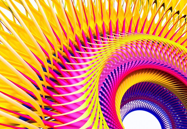 3d abstract art with part of surreal turbine jet engine or sun flower in yellow and purple color