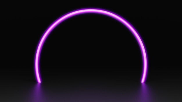 3D Abstract background purple neon glowing lights empty dark room, product showcase with spotlight