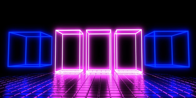 3D abstract background with neon lights neon cubes space construction 3d illustration3