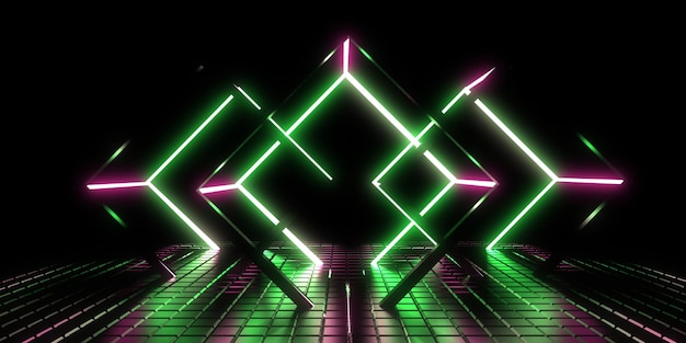 3D abstract background with neon lights neon cubes space construction 3d illustration3