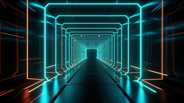 네온 조명 네온 터널 공간 건설 3d 일러스트와 함께 3D 추상적 인 배경은 인공 지능을 생성