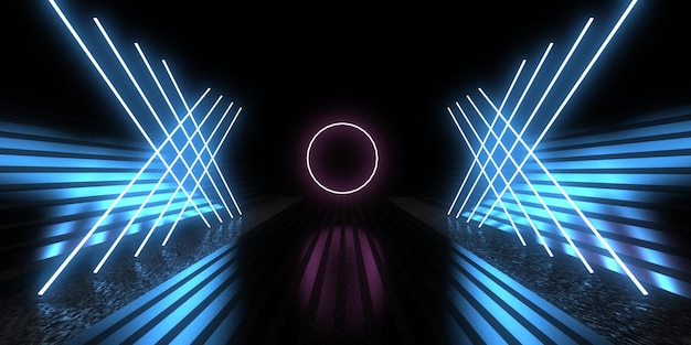 3D abstract background with neon lights neon tunnel space construction 3d illustration3